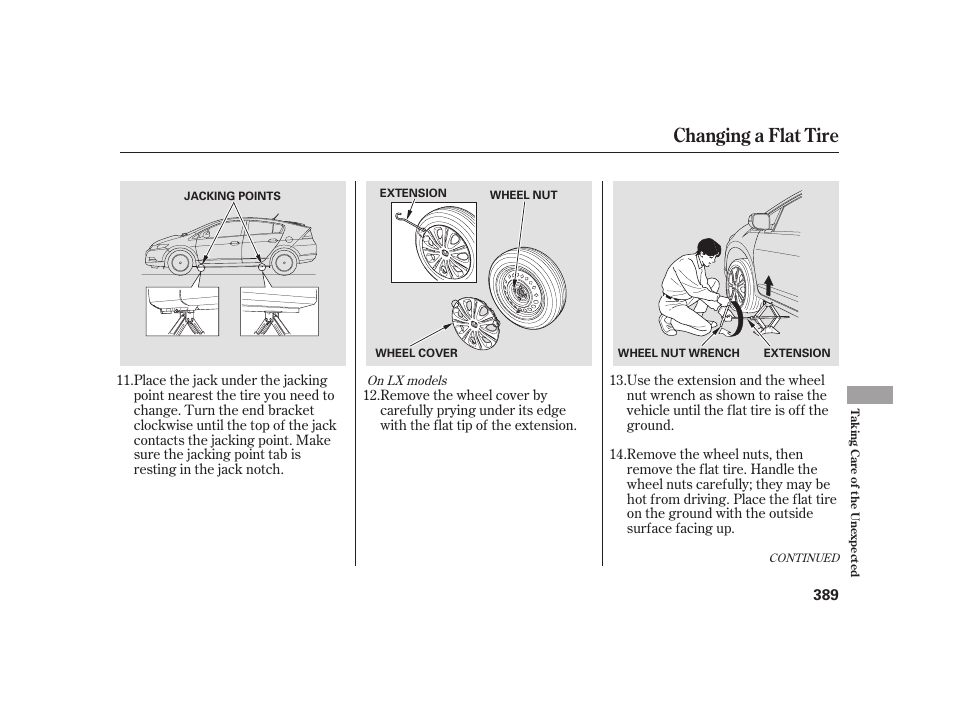 Changing a flat tire | HONDA 2010 Insight User Manual | Page 395 / 454