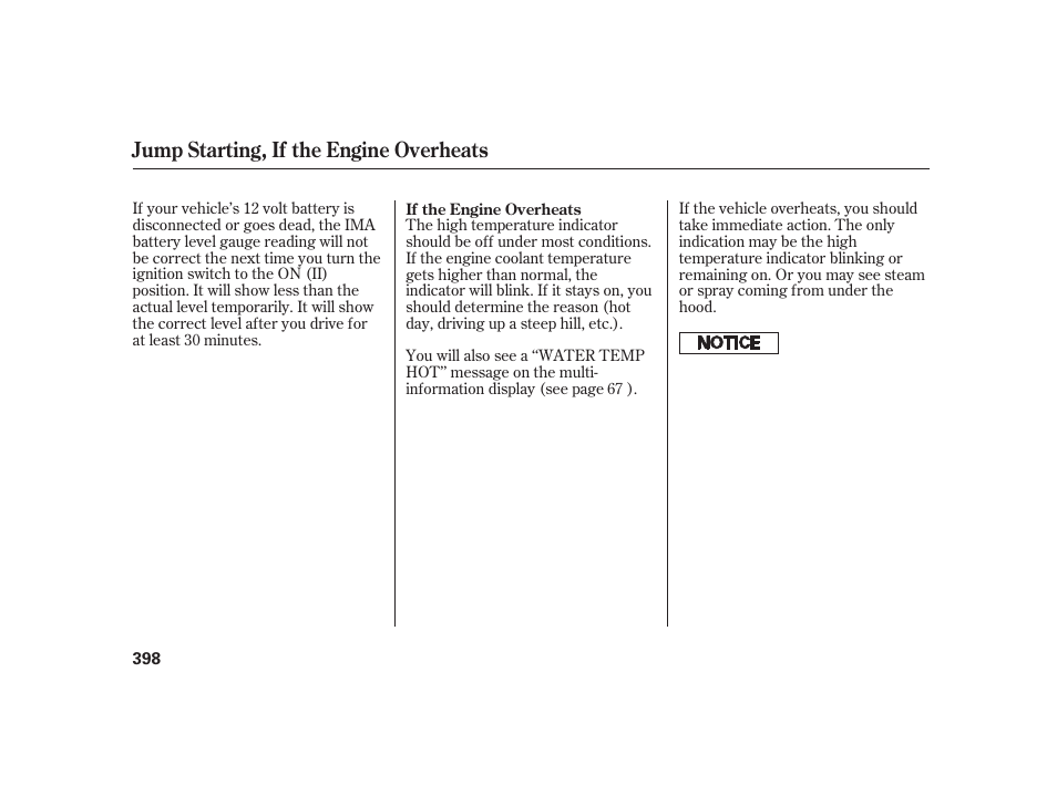 Jump starting, if the engine overheats | HONDA 2010 Insight User Manual | Page 404 / 454