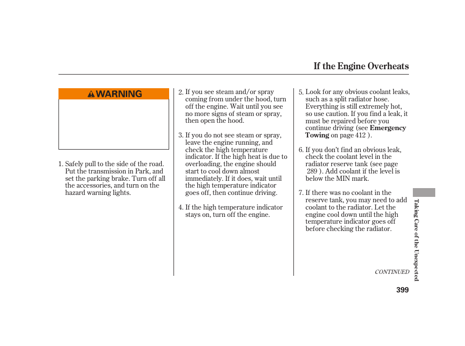 If the engine overheats | HONDA 2010 Insight User Manual | Page 405 / 454
