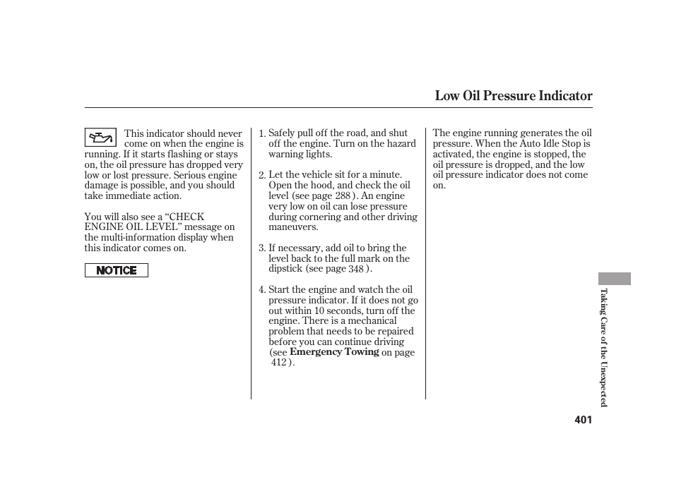 Low oil pressure indicator | HONDA 2010 Insight User Manual | Page 407 / 454