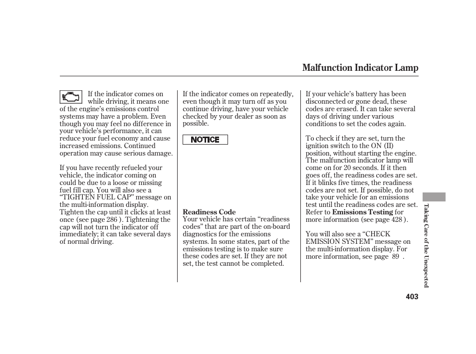 Malfunction indicator lamp | HONDA 2010 Insight User Manual | Page 409 / 454