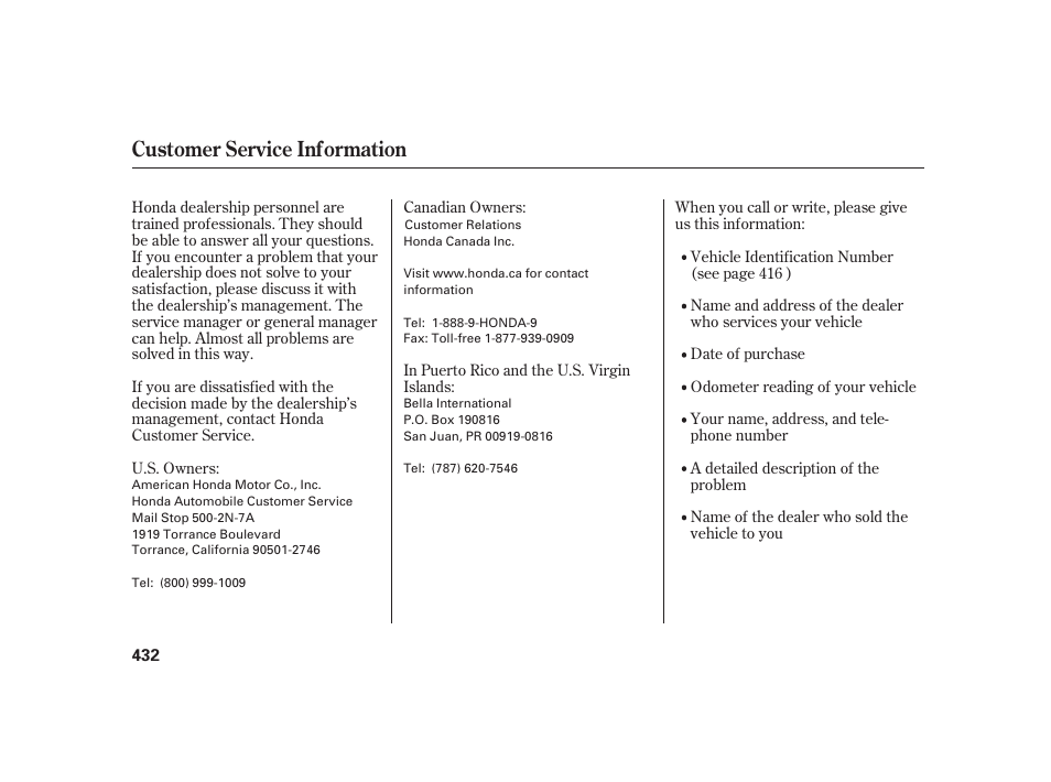 Customer service information | HONDA 2010 Insight User Manual | Page 438 / 454