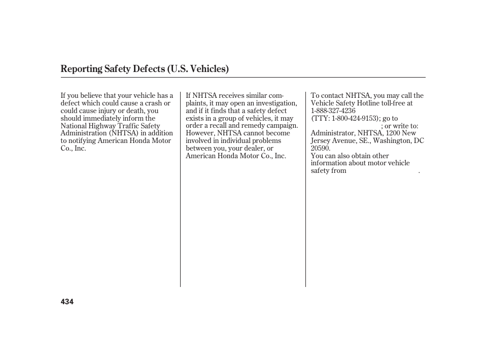 Reporting safety defects (u.s. vehicles) | HONDA 2010 Insight User Manual | Page 440 / 454