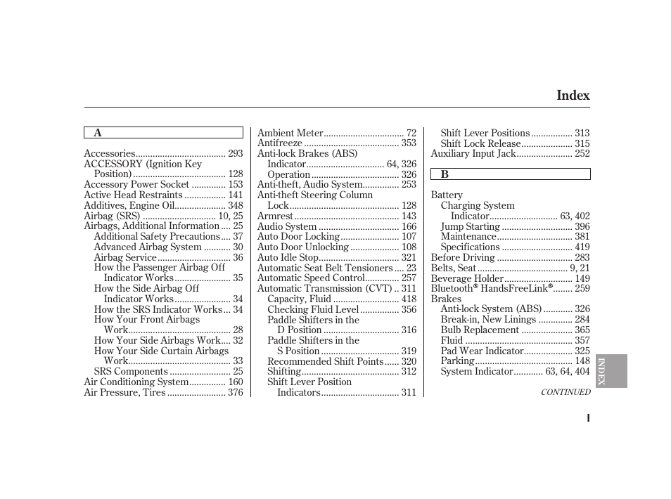 Index | HONDA 2010 Insight User Manual | Page 443 / 454