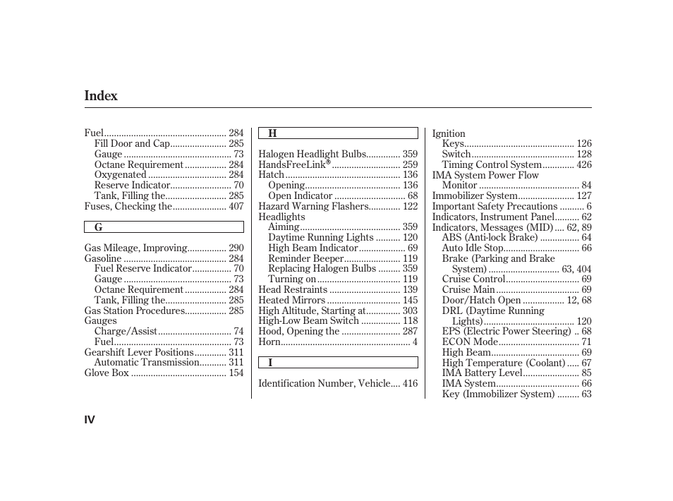 Index | HONDA 2010 Insight User Manual | Page 446 / 454