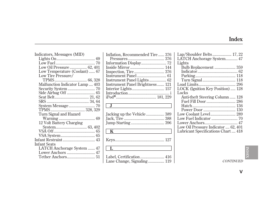 Index | HONDA 2010 Insight User Manual | Page 447 / 454