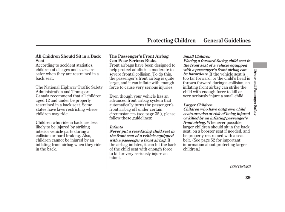 Protecting children general guidelines | HONDA 2010 Insight User Manual | Page 45 / 454