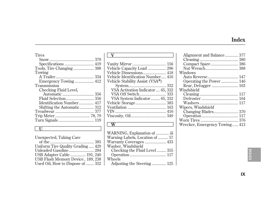 Index | HONDA 2010 Insight User Manual | Page 451 / 454