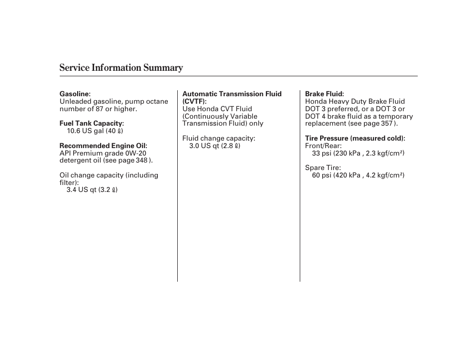 Service information summary | HONDA 2010 Insight User Manual | Page 454 / 454