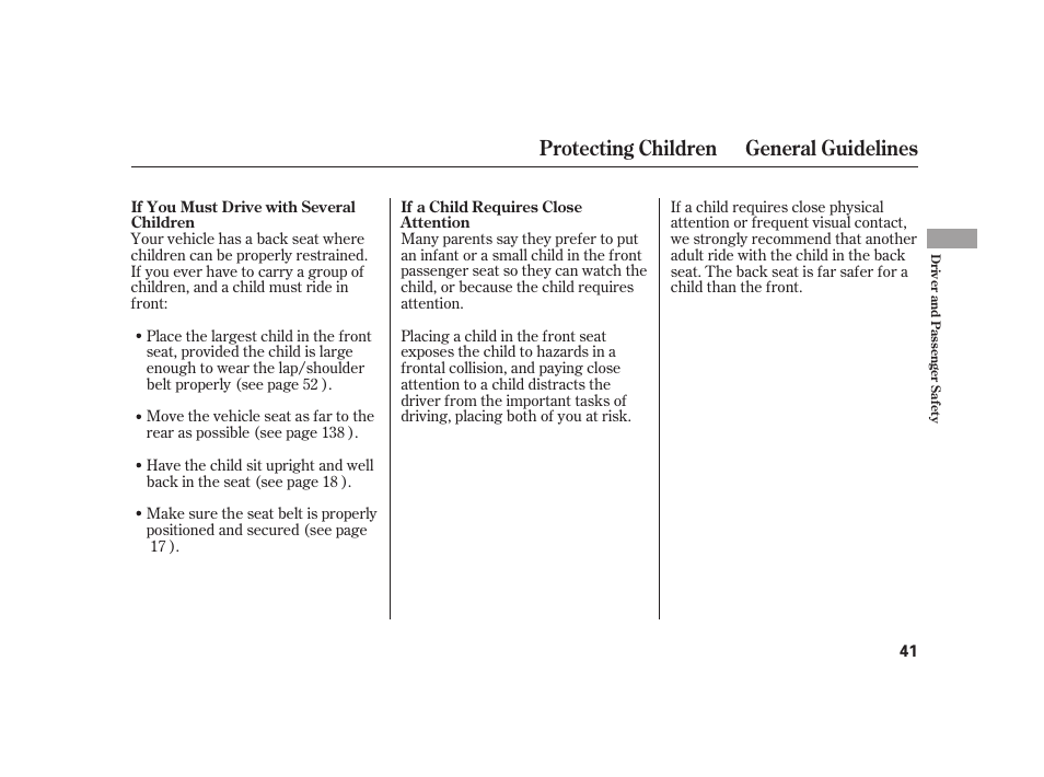 Protecting children general guidelines | HONDA 2010 Insight User Manual | Page 47 / 454