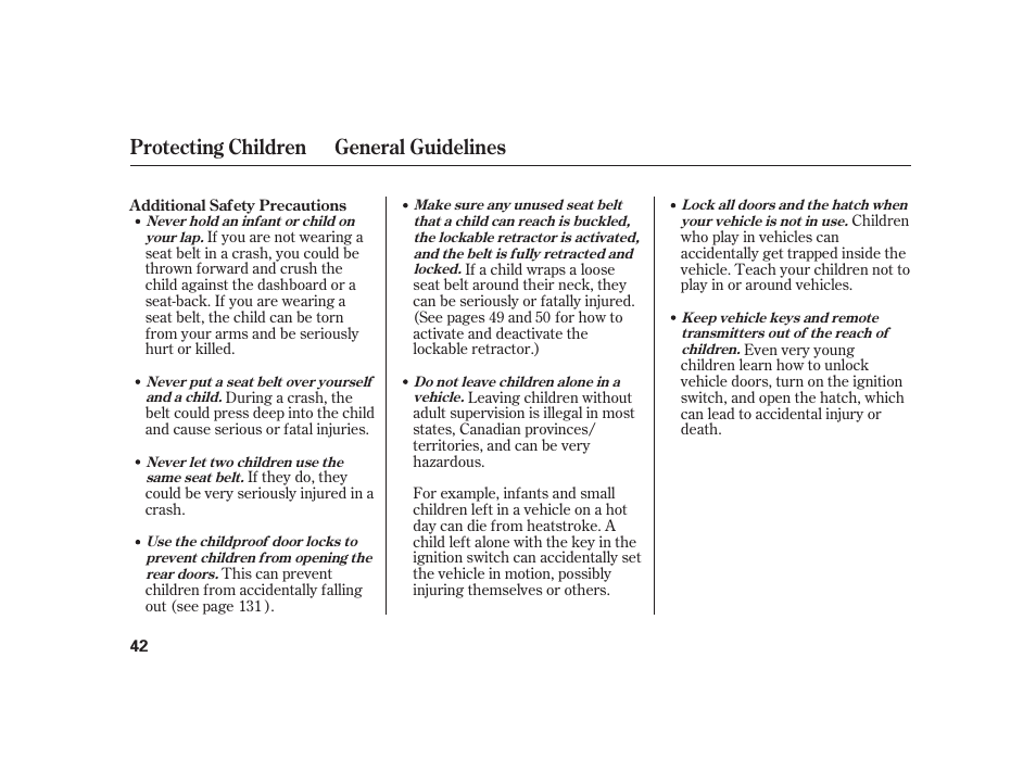 Protecting children general guidelines | HONDA 2010 Insight User Manual | Page 48 / 454