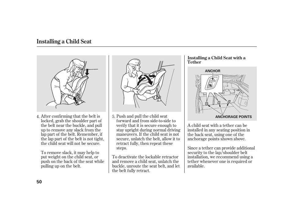 Installing a child seat | HONDA 2010 Insight User Manual | Page 56 / 454