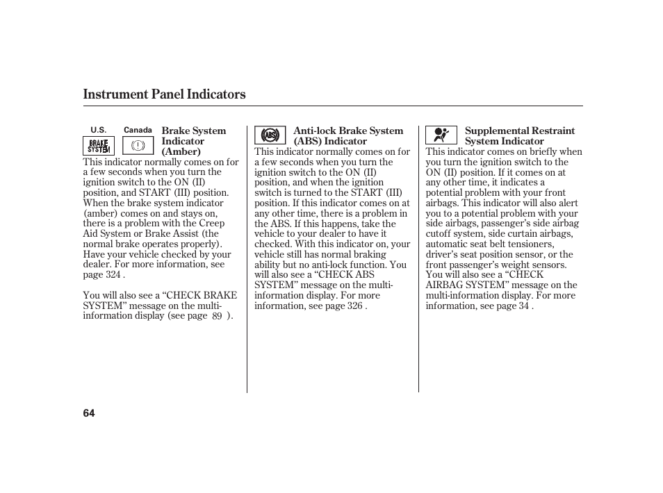 Instrument panel indicators | HONDA 2010 Insight User Manual | Page 70 / 454