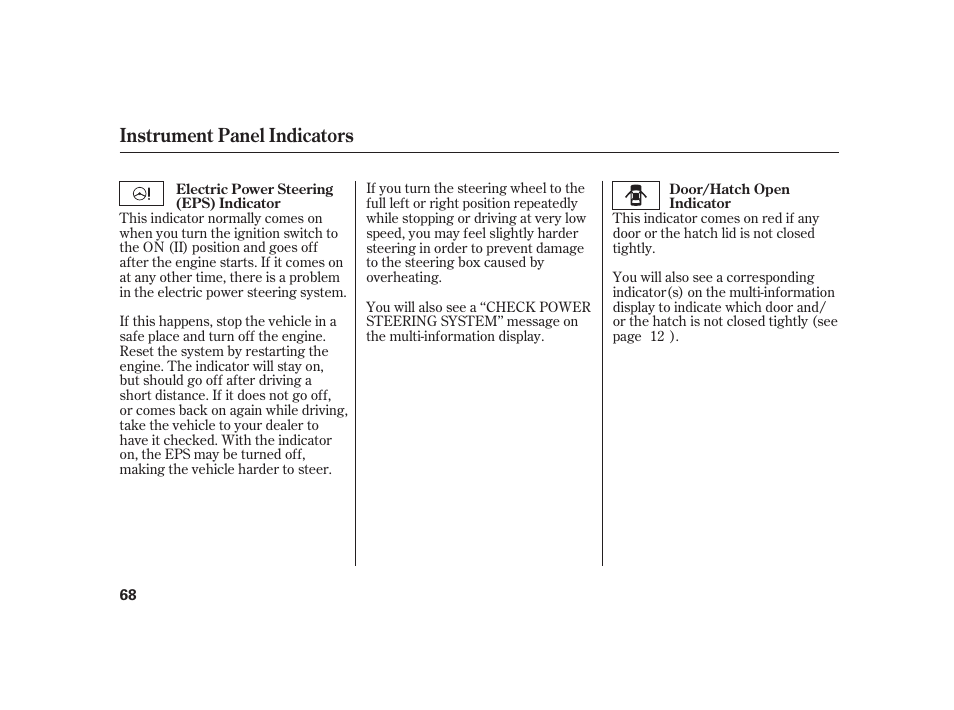 Instrument panel indicators | HONDA 2010 Insight User Manual | Page 74 / 454