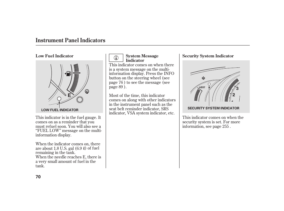 Instrument panel indicators | HONDA 2010 Insight User Manual | Page 76 / 454