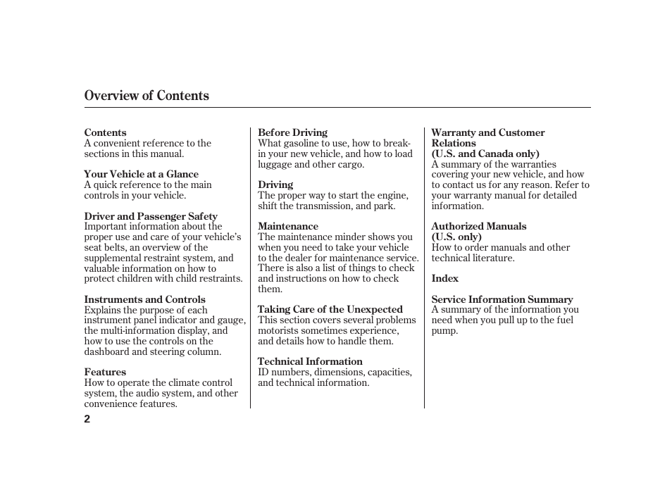 Overview of contents | HONDA 2010 Insight User Manual | Page 8 / 454