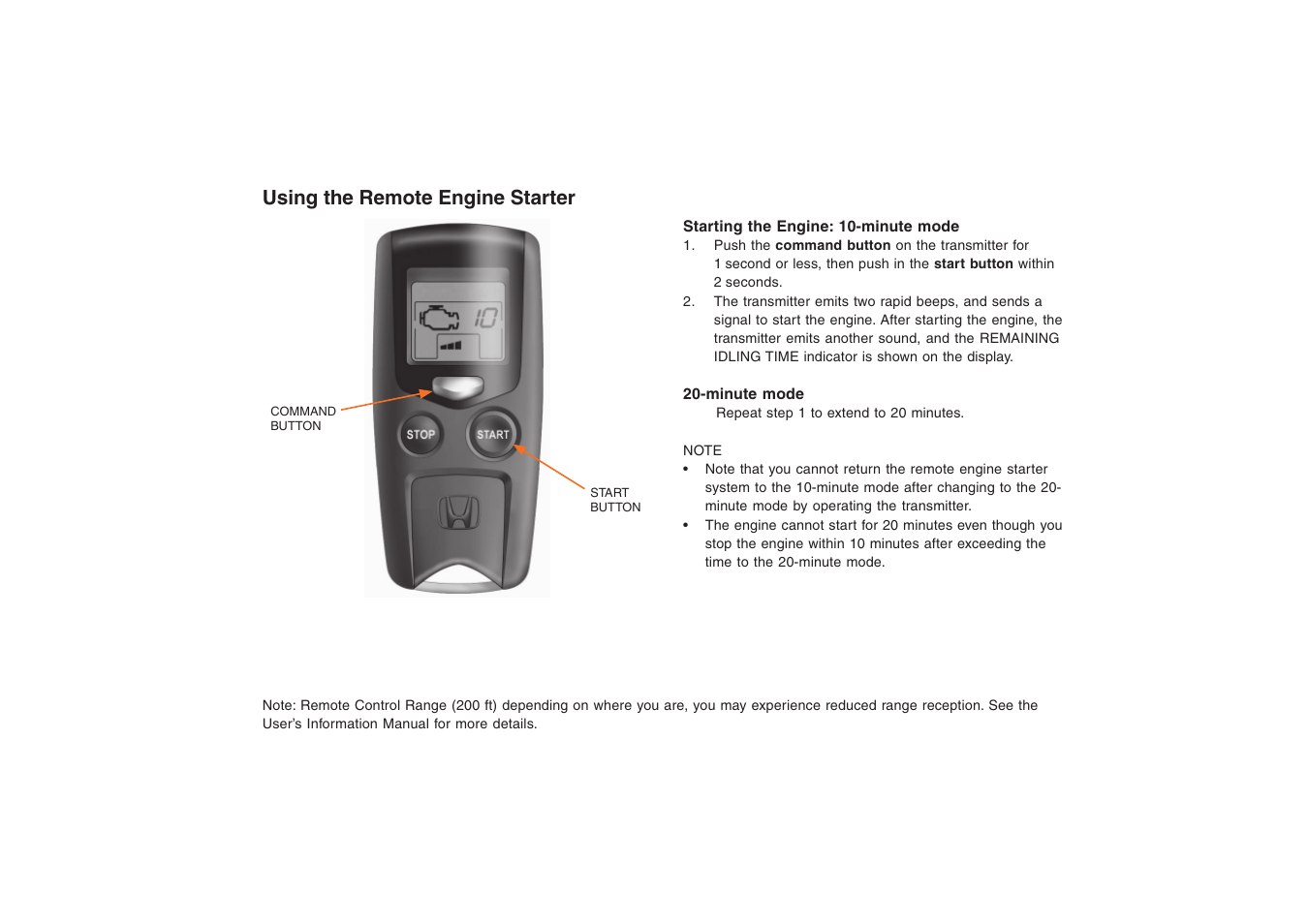 Using the remote engine starter | HONDA 08E91-E22-100-8A User Manual | Page 3 / 7