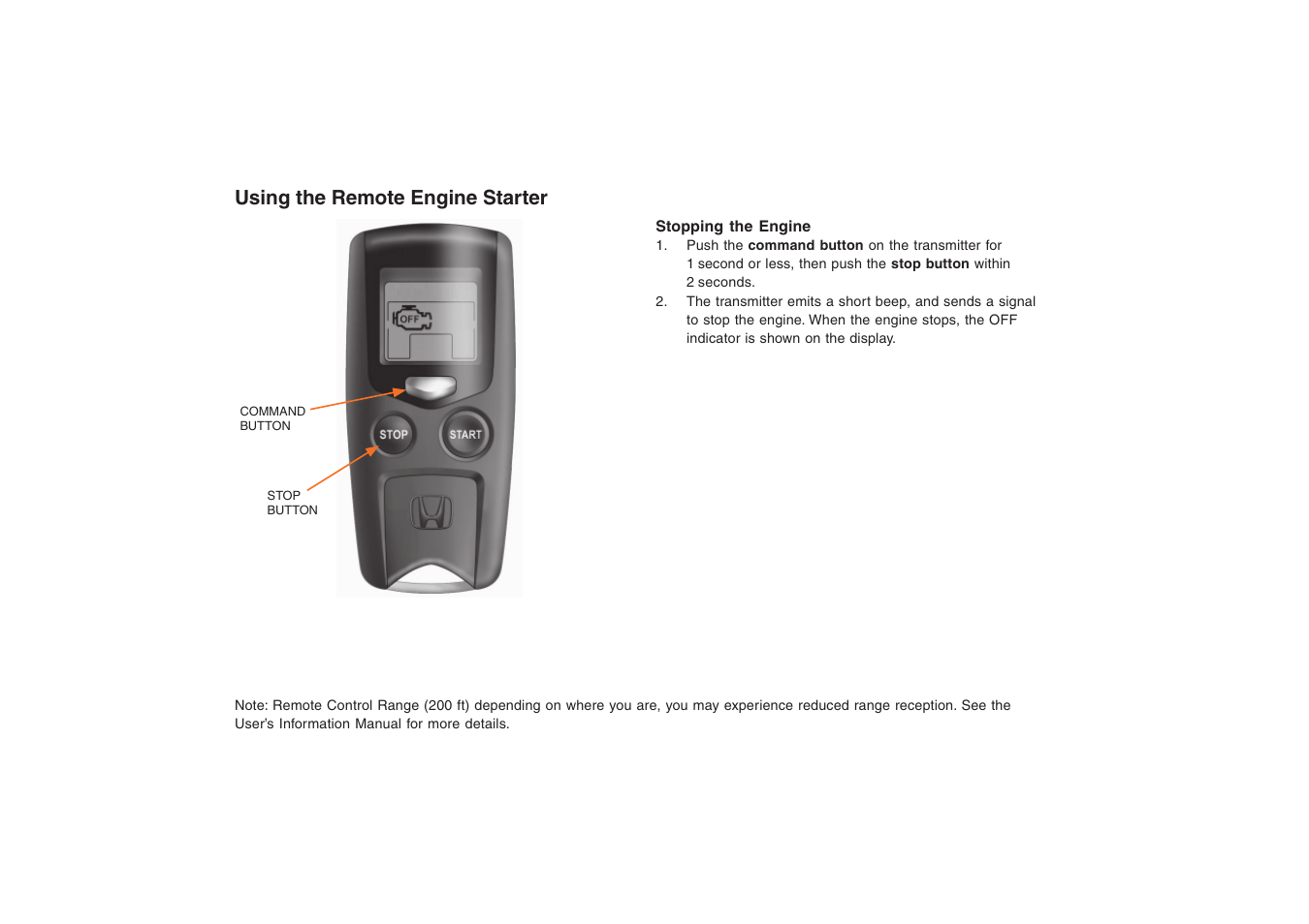 Using the remote engine starter | HONDA 08E91-E22-100-8A User Manual | Page 4 / 7
