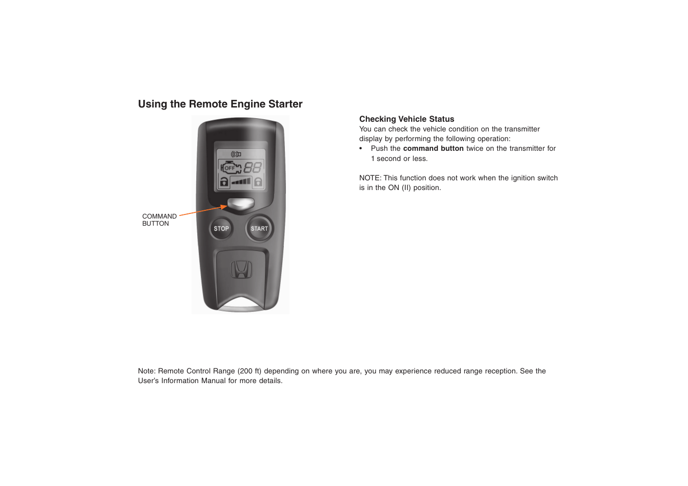 Using the remote engine starter | HONDA 08E91-E22-100-8A User Manual | Page 5 / 7