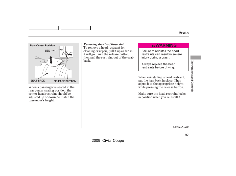 Seats, 2009 civic coupe | HONDA 2009 Civic Coupe User Manual | Page 100 / 412
