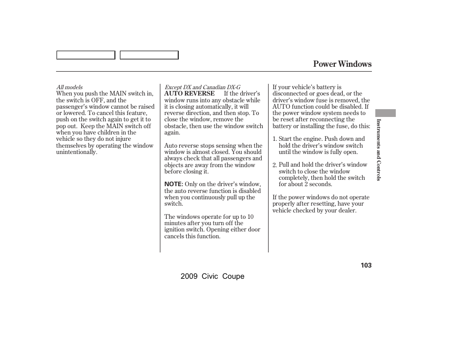 Power windows, 2009 civic coupe | HONDA 2009 Civic Coupe User Manual | Page 106 / 412