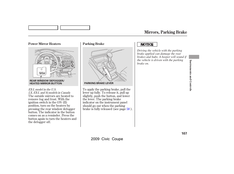 Mirrors, parking brake, 2009 civic coupe | HONDA 2009 Civic Coupe User Manual | Page 110 / 412