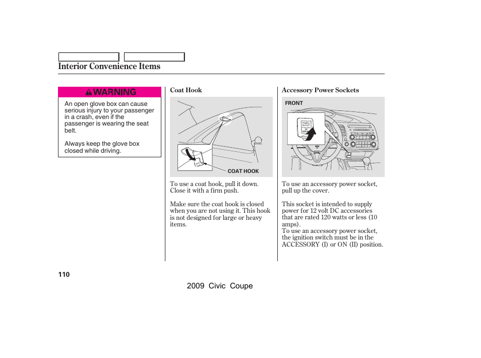 Interior convenience items | HONDA 2009 Civic Coupe User Manual | Page 113 / 412