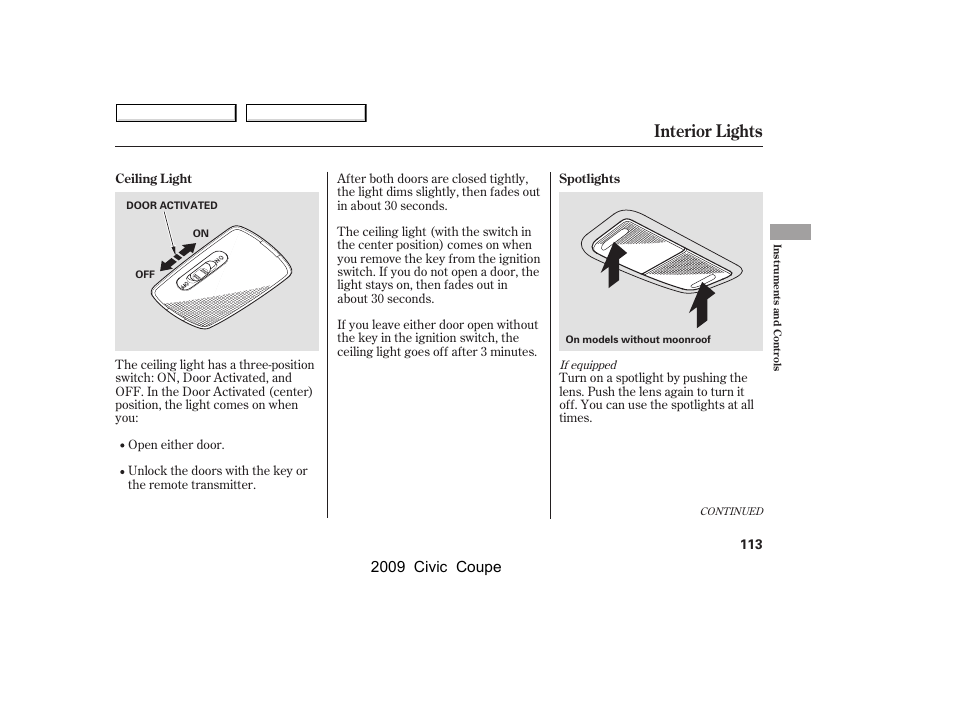 Interior lights, 2009 civic coupe | HONDA 2009 Civic Coupe User Manual | Page 116 / 412