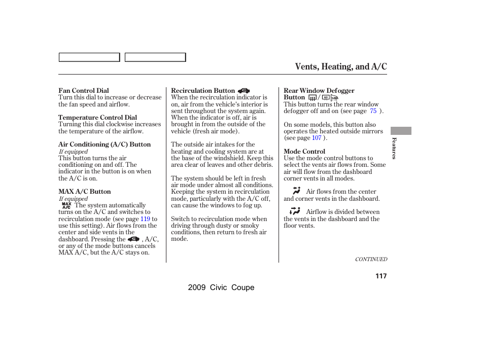 Vents, heating, and a/c | HONDA 2009 Civic Coupe User Manual | Page 120 / 412