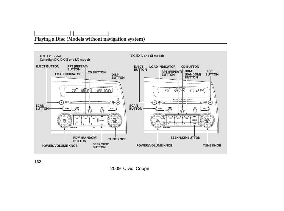 Playing a disc (models without navigation system), 2009 civic coupe | HONDA 2009 Civic Coupe User Manual | Page 135 / 412