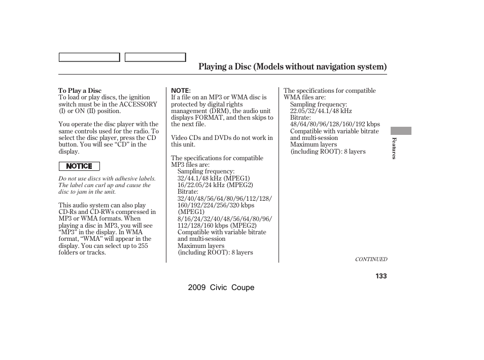 Playing a disc (models without navigation system) | HONDA 2009 Civic Coupe User Manual | Page 136 / 412