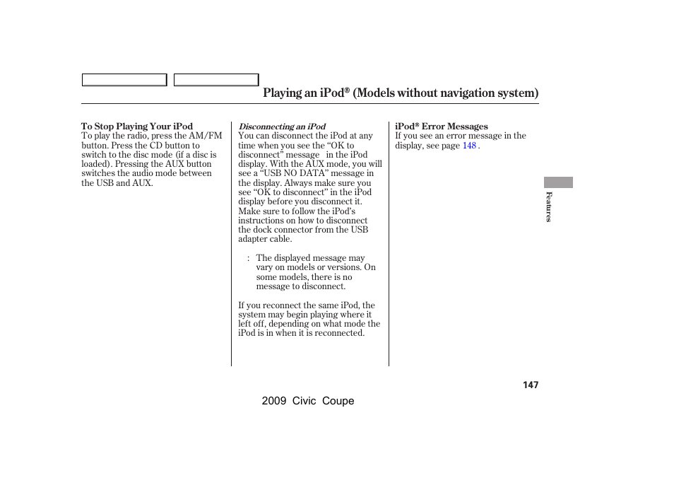 Playing an ipod (models without navigation system) | HONDA 2009 Civic Coupe User Manual | Page 150 / 412