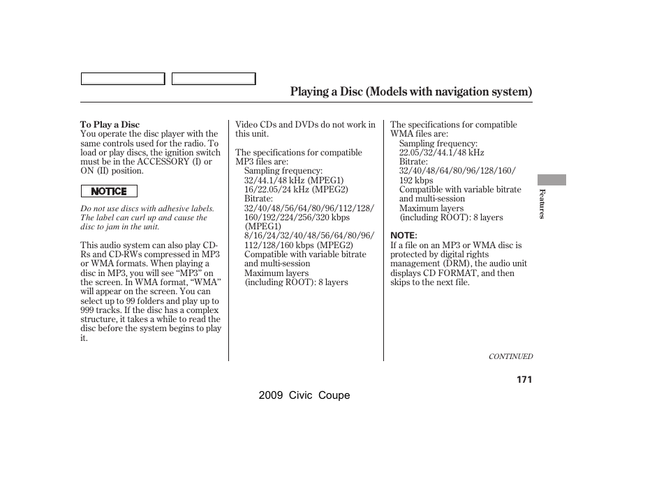 Playing a disc (models with navigation system) | HONDA 2009 Civic Coupe User Manual | Page 174 / 412