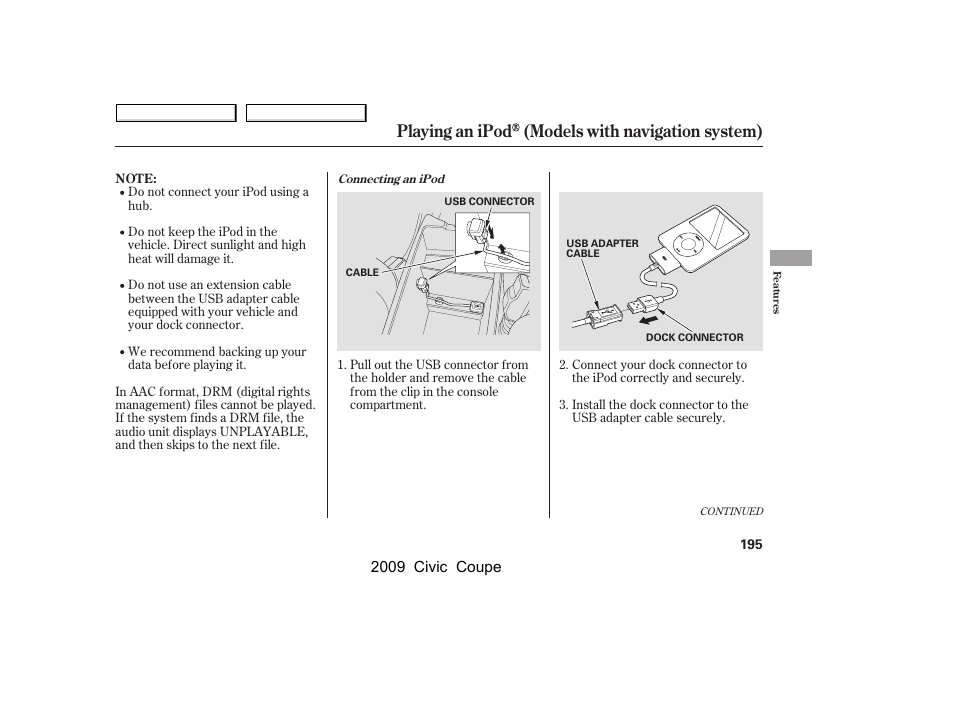 Playing an ipod (models with navigation system), 2009 civic coupe | HONDA 2009 Civic Coupe User Manual | Page 198 / 412