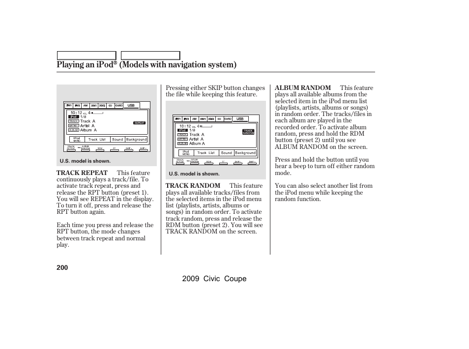 Playing an ipod (models with navigation system) | HONDA 2009 Civic Coupe User Manual | Page 203 / 412