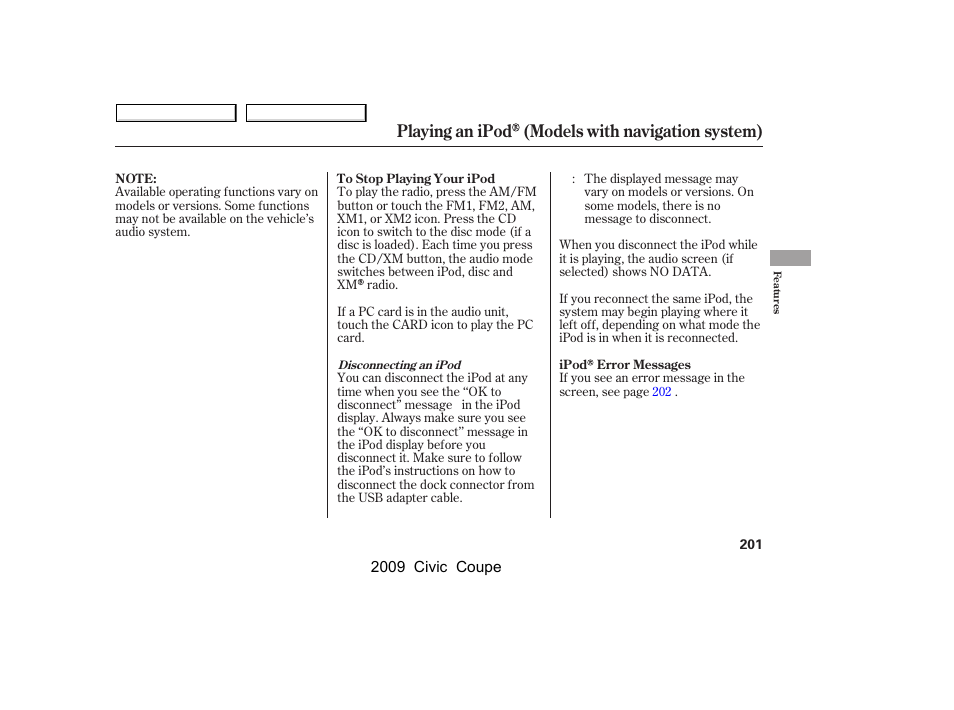 Playing an ipod (models with navigation system) | HONDA 2009 Civic Coupe User Manual | Page 204 / 412