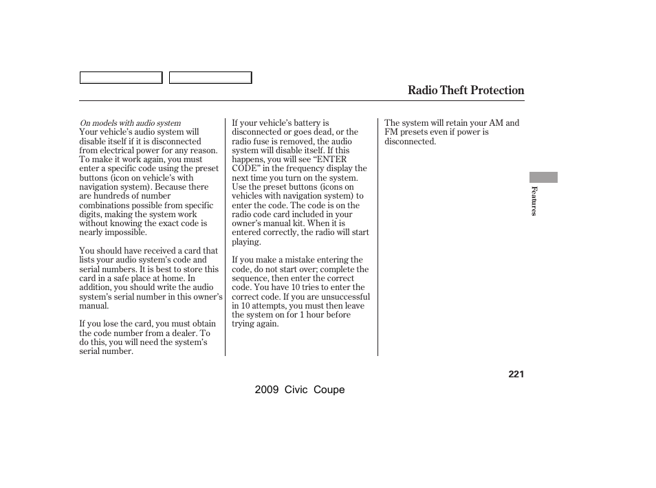 Radio theft protection | HONDA 2009 Civic Coupe User Manual | Page 224 / 412