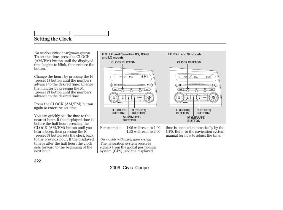 Setting the clock, 2009 civic coupe | HONDA 2009 Civic Coupe User Manual | Page 225 / 412