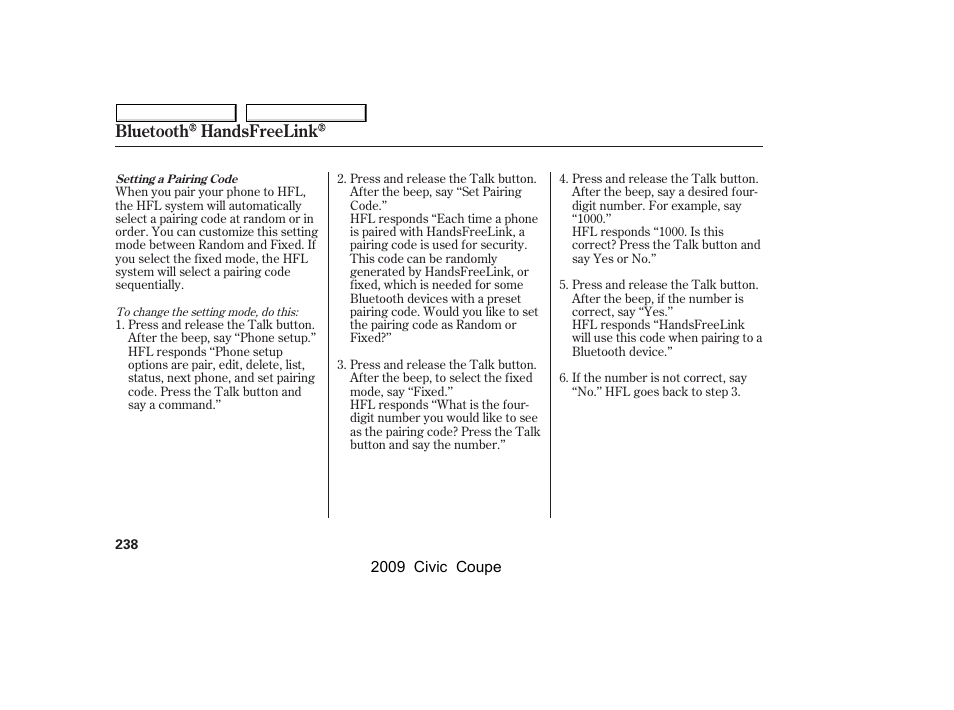 Bluetooth handsfreelink | HONDA 2009 Civic Coupe User Manual | Page 241 / 412