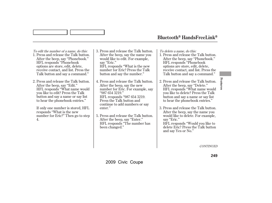 Bluetooth handsfreelink | HONDA 2009 Civic Coupe User Manual | Page 252 / 412