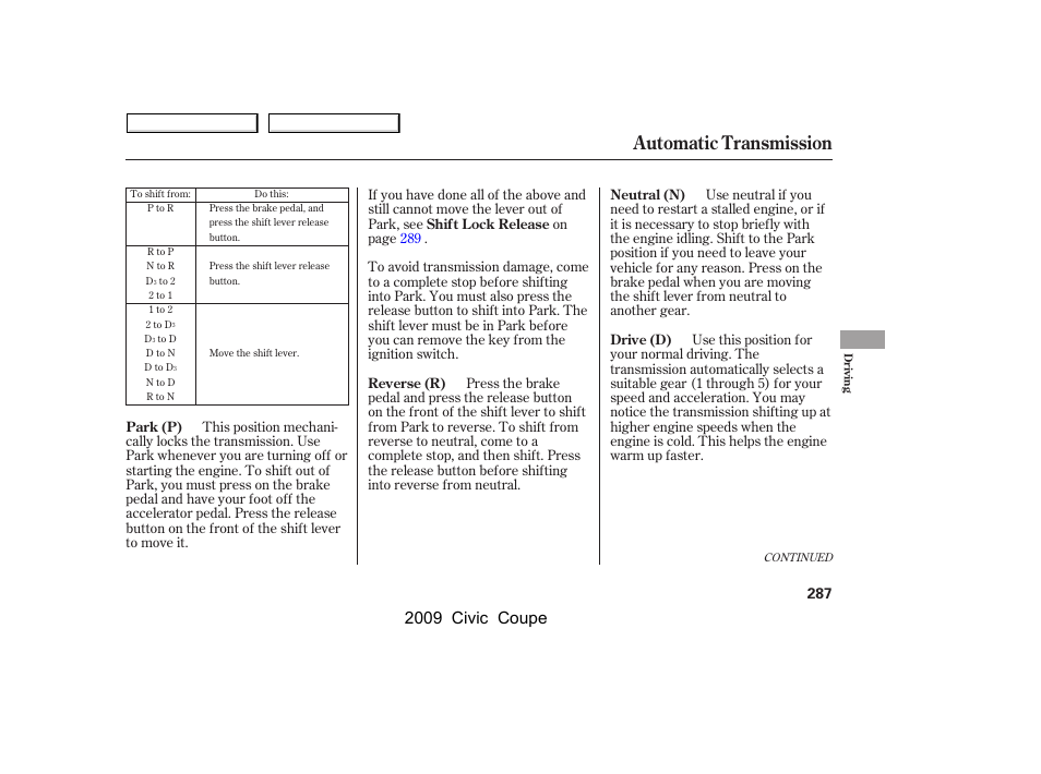 Automatic transmission, 2009 civic coupe | HONDA 2009 Civic Coupe User Manual | Page 290 / 412