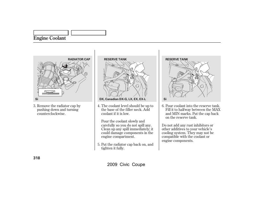 Engine coolant | HONDA 2009 Civic Coupe User Manual | Page 321 / 412