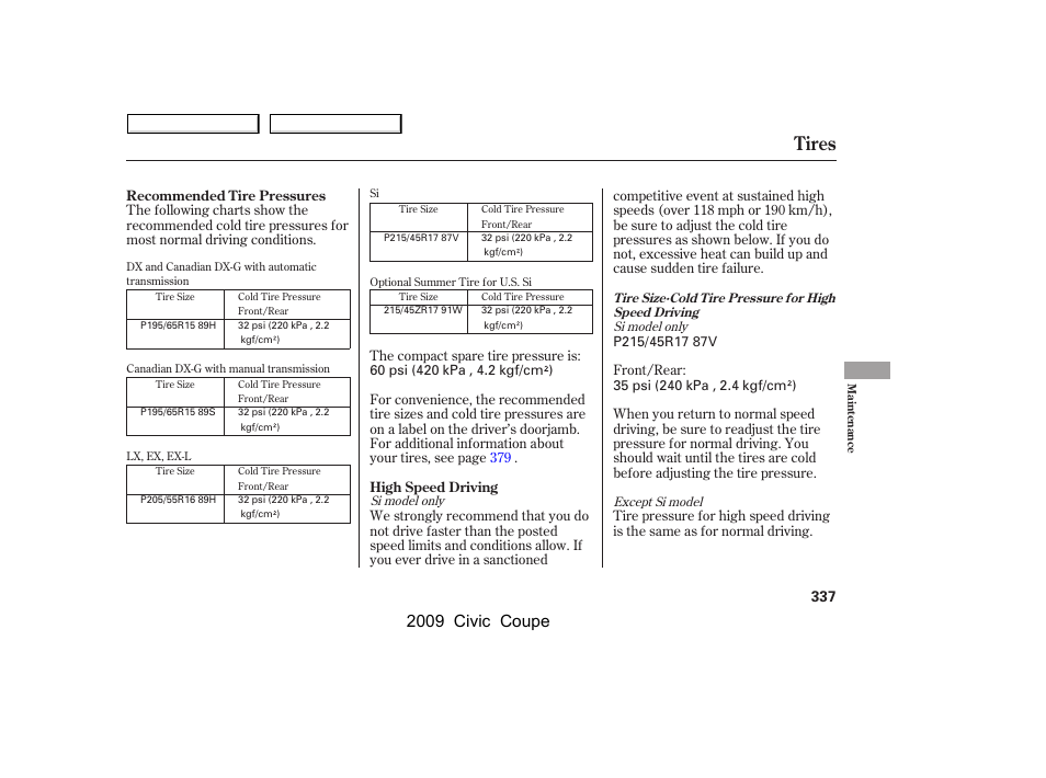 Tires, 2009 civic coupe | HONDA 2009 Civic Coupe User Manual | Page 340 / 412