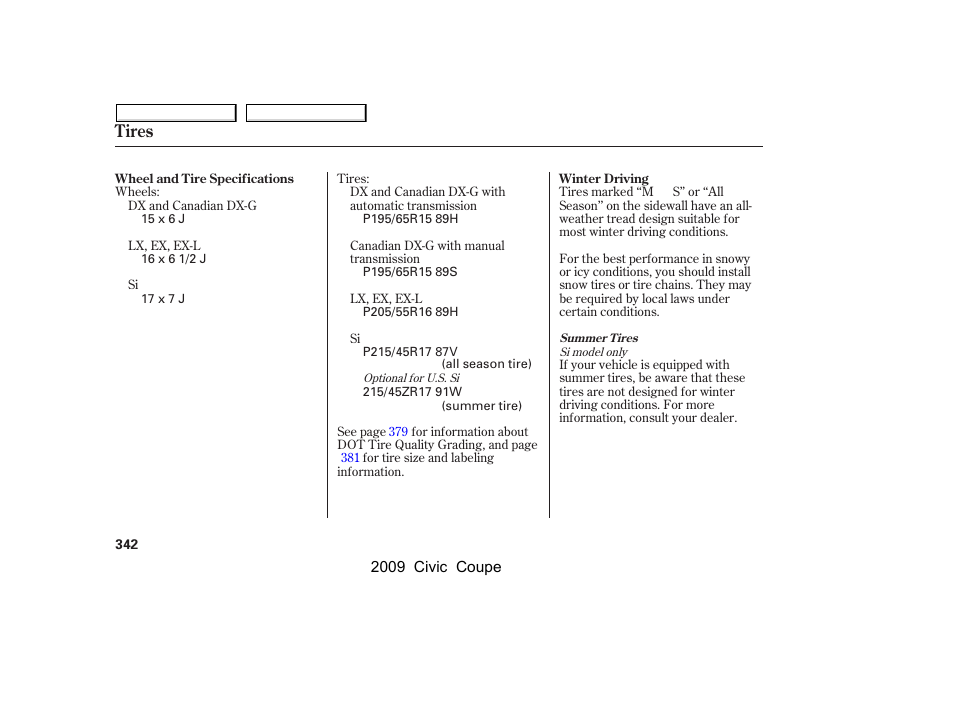 Tires | HONDA 2009 Civic Coupe User Manual | Page 345 / 412