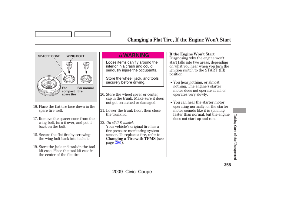 Changing a flat tire, if the engine won’t start, 2009 civic coupe | HONDA 2009 Civic Coupe User Manual | Page 358 / 412