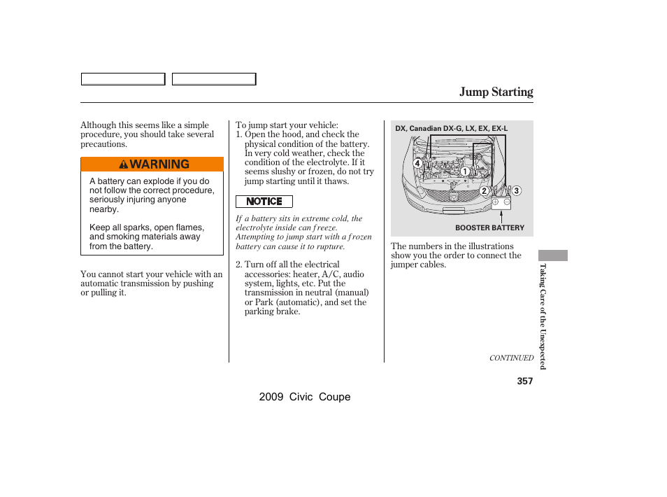 Jump starting, 2009 civic coupe | HONDA 2009 Civic Coupe User Manual | Page 360 / 412