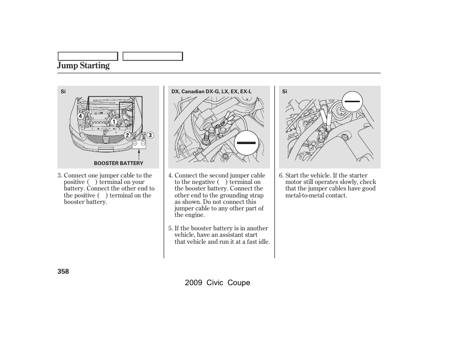 Jump starting | HONDA 2009 Civic Coupe User Manual | Page 361 / 412