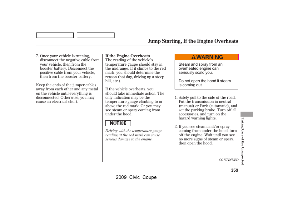 Jump starting, if the engine overheats, 2009 civic coupe | HONDA 2009 Civic Coupe User Manual | Page 362 / 412