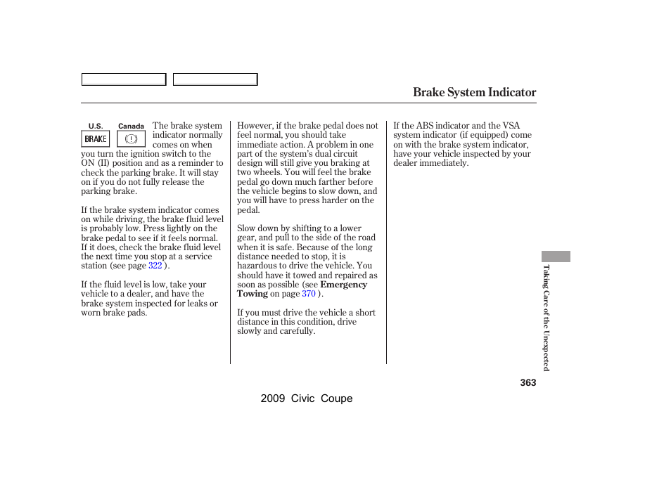 Brake system indicator, 2009 civic coupe | HONDA 2009 Civic Coupe User Manual | Page 366 / 412