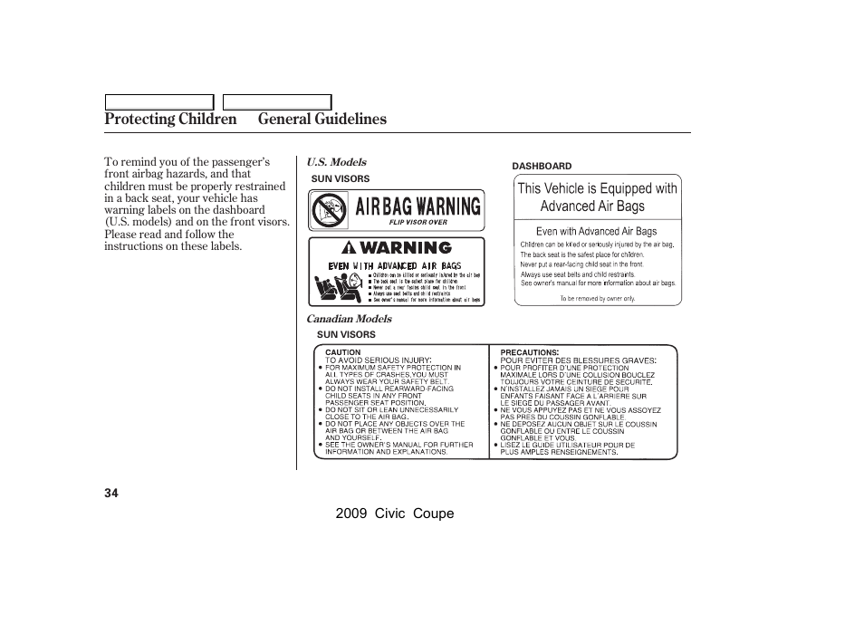 Protecting children general guidelines | HONDA 2009 Civic Coupe User Manual | Page 37 / 412